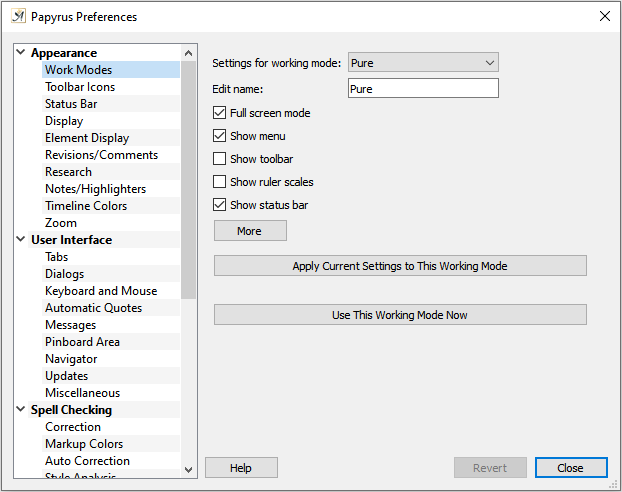 Preferences work mode dialog