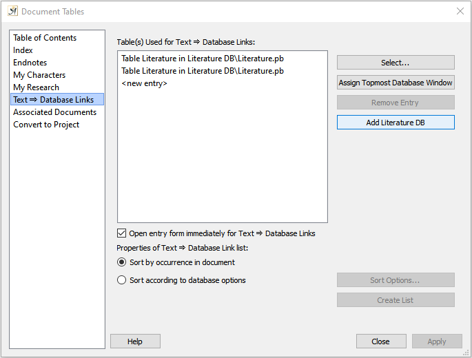 Document Tables links dialog