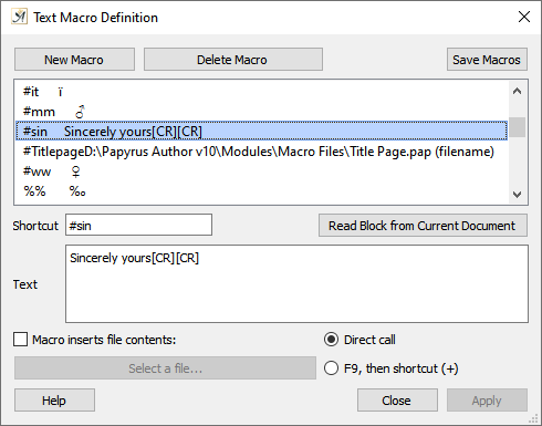 Text macro definition dialog