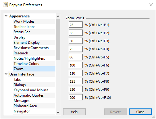 Preferences Zoom dialog